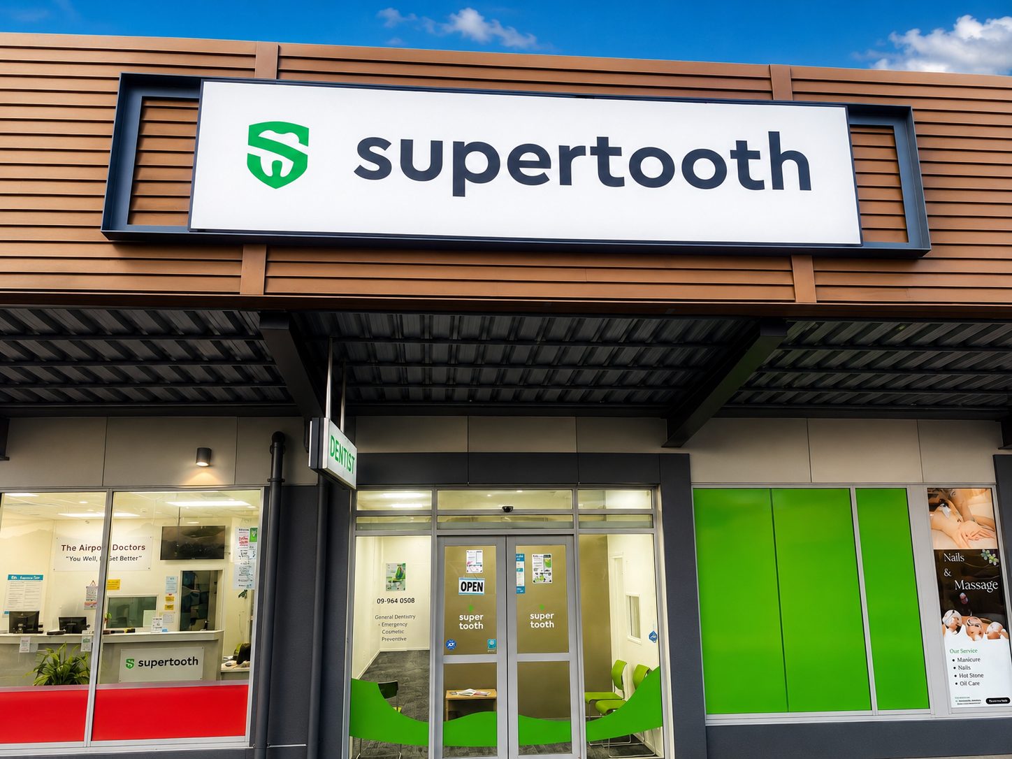 The Supertooth Dental storefront and signage at the Auckland Airport Shopping Centre