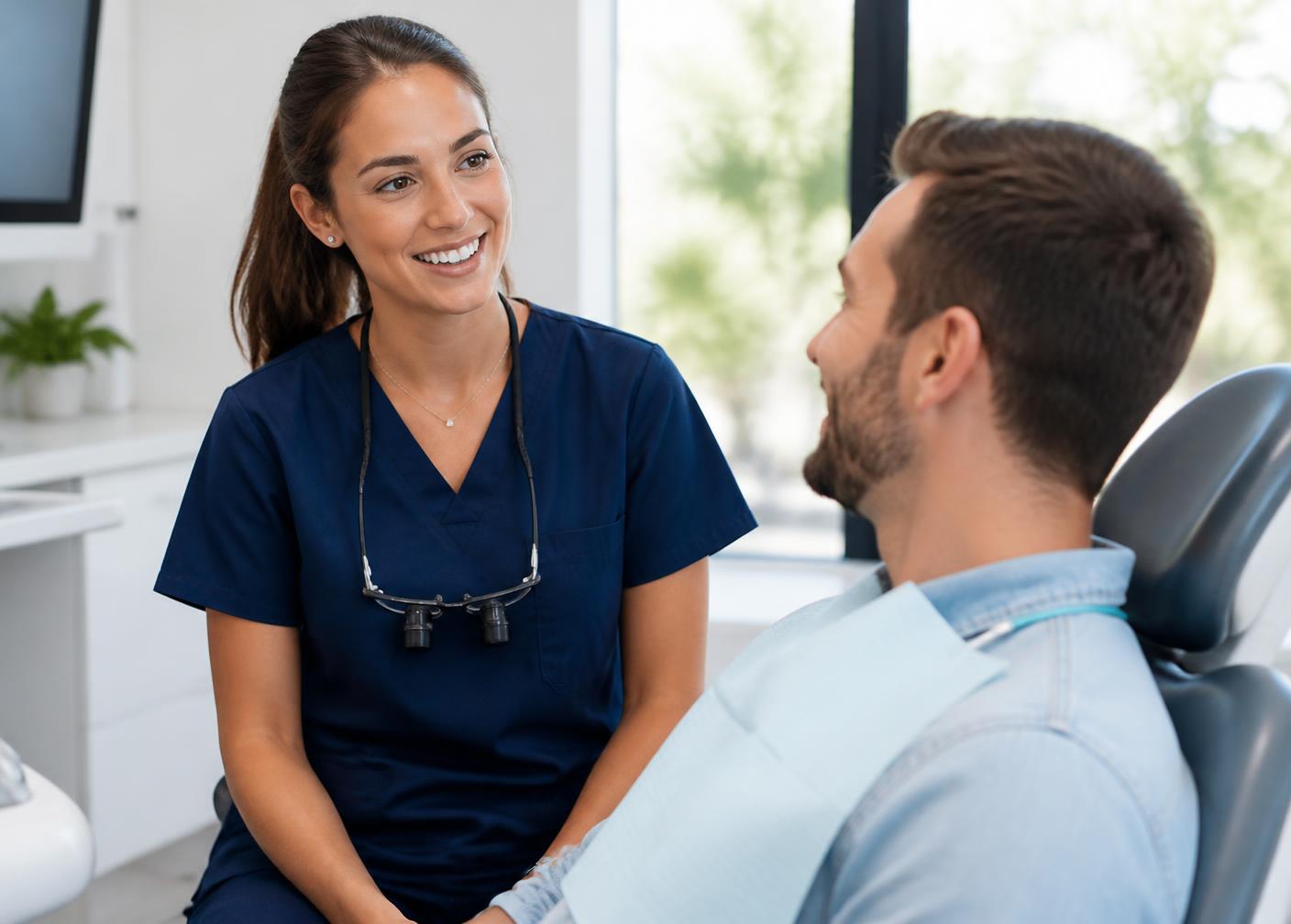 A dentist talking through a treatment plan with a smiling patient